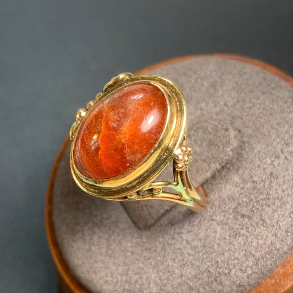 Handmade 14KY Gold Feldspar Sunstone Ring Split Shank Beaded Scroll Design SZ 6 - Picture 2 of 10